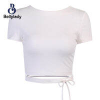 เสื้อครอปสตรีเปลือยหลังมีรูมีสายรัดสไตล์เซ็กซี่บางสีทึบเสื้อยืดแขนสั้นคอลูกเรือ11