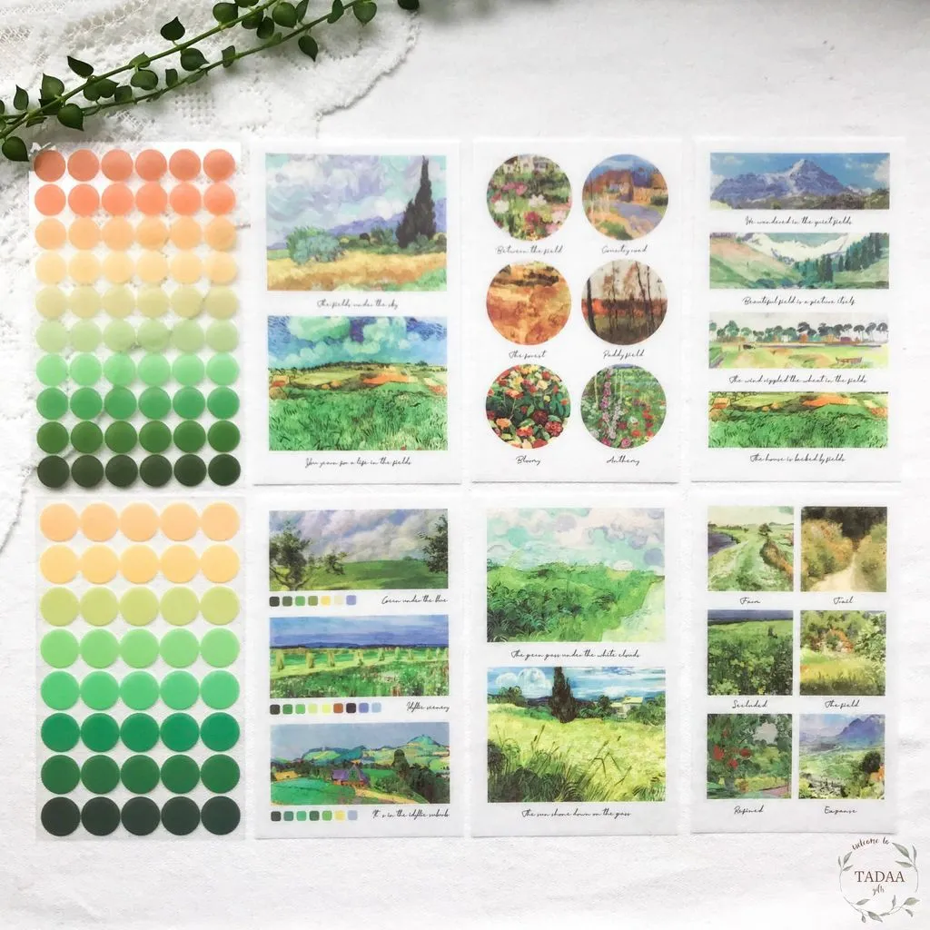 Set 8 sticker hình dán aesthetic, vintage art hoa lá và phong cảnh retro  trang trí sổ bullet journal 