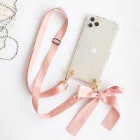 325วังฮีขายดี - / เคสใส TPU อ่อนพร้อมสายคล้องไหล่เชือกเส้นเล็ก Candy Bow สำหรับ iPhone 14 13 12 11 Pro Xs Max Xr X 8 7 6 5 Plus SE