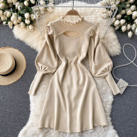 Autumn New Korean Fashion Casual Knitted Dress For Women Lantern Sleeve Mini Party Sweater Dresses Hollow Out Robe Femme