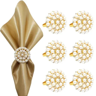 Gold-tone Napkin Buckle Napkin Ring Set Electroplating Gold Napkin Ring Round Metal Napkin Buckle Pearl Flower Napkin Ring