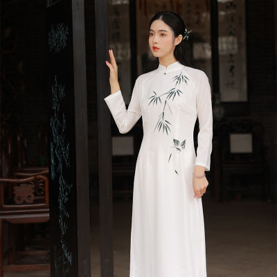 Qing Shuzhai ที่มีคุณภาพสูงมือวาดสุภาพสตรีชุดลำลองคลาสสิกเซนชาสูทสไตล์แห่งชาติที่ดีขึ้น Cheongsam วรรณกรรมกระโปรงยาว