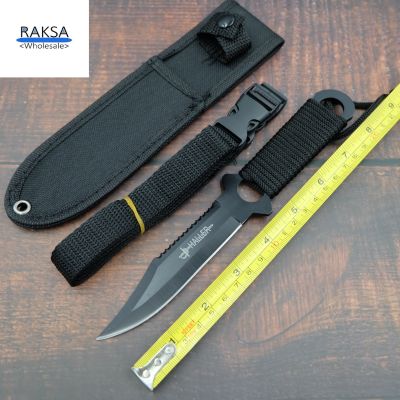 RAKSA wholesale FX008-BLACK Fixed Blade knife มีดพกพา มีดเดินป่า มีดอเนกประสงค์ มีดใบตาย ยาว21CM แถมปลอกไนลอนอย่างหนาและที่รัดขา