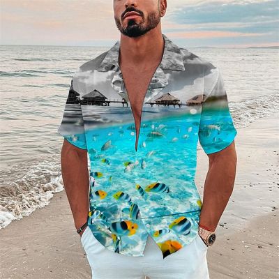 เสื้อฮาวายเสื้อเชิ้ตผู้ชายฤดูร้อนเสื้อคอปกเสื้อเชิ้ตลายกราฟิก Aloha ทิวทัศน์ Turndown 3D พิมพ์กลางแจ้งถนนแขนสั้น