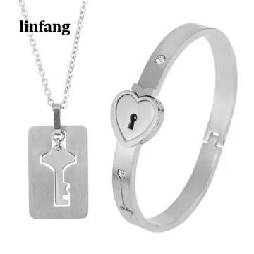 Couple Titanium Steel Love Heart Lock Bracelet Bangle & Key Pendant  Necklace Set