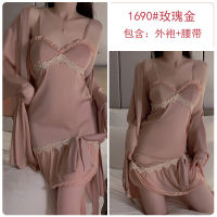 2023 Hot Summer Ice Silk Pajamas Comfortable See-Through Sweet Mesh Plus Chest Pad Slip Nightdress Outerwear Gown Womens Suit 2419