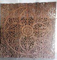 Wood Carved Panel 72 x 72 inches Natural Brown Color Mandala Wood Carving Panel Wall Art Hanging Headboard Wooden Plaque Asian Art