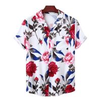 10 Colors Summer Fashion Rose Print Mens Hawaiian Shirts Short Sleeve Cool Beach Loose Blouse Casual Aloha Male Top Tee