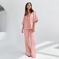 HiLoc Solid Drop Sleeves Pajama Turn-Down Collar 2 Piece Set Women Pajamas With Pants 2021 Spring Deep V-Neck Sleepwear Satin