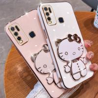 Folding Makeup Mirror Phone Case For Vivo Y50 Y30 Y30i 1935 1938  Case Fashion Cartoon Cute Cat Multifunctional Bracket Plating TPU Soft Cover Casing