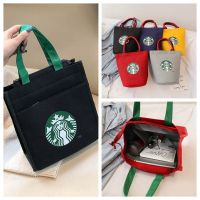 MEKER กระเป๋ากาแฟ Starbucks กระเป๋าผ้าใบถุงช้อปปิ้งกระเป๋าทรงถังสไตล์เกาหลีเรียบง่ายกระเป๋าถือผ้าใบพิมพ์ลายกระเป๋าคุณแม่
