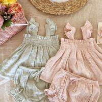 Summer 2023 Baby Girls Suit Set Solid Cotton Linen Casual Square Neck Fly Sleeve Tops+Ruffle Shorts Clothes for Toddler Infant  by Hs2023