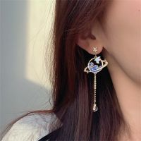 Korean Fashion Star Long Tassel Drop Earrings Cute Blue Ocean Bird Circle Crystal Dangle Earrings Party Jewelry Birthday Gifts