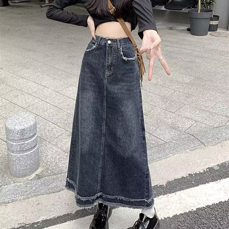 Wanita Denim Skirt pocket longgar Buttoned Long Jupe Femino Harajuku Y2k fesyen Faldas Skirt