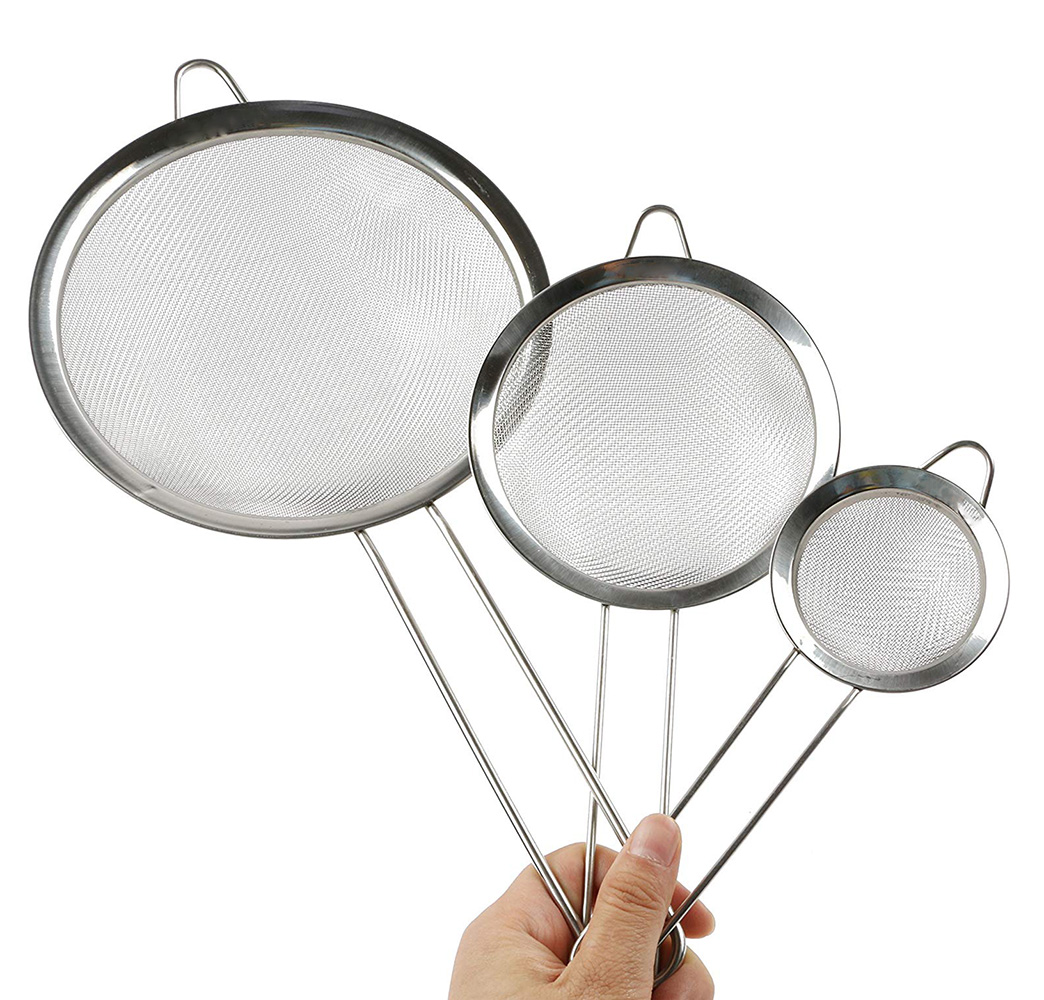 Fine Mesh Strainer Stainless Steel Kitchen Strainer Colanders and Sieve with Long Handle Set of 3 Small Medium Large Size for Tea Coffee Powder Fry Juice Vegetable Fruit 