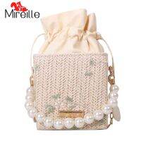 ขาย Well【HOT 】Women Flower Woven Drawstring Mini Crossbody Bags Bucket Pearl Handbags