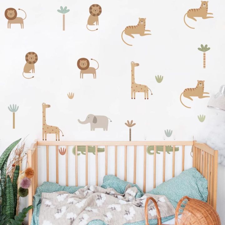 Cute Cartoon Safari Animals Lion Giraffe Elephant Nursery Wall Stickers For  Kids Rooms Living Room Decor Wall Decals Wallpaper