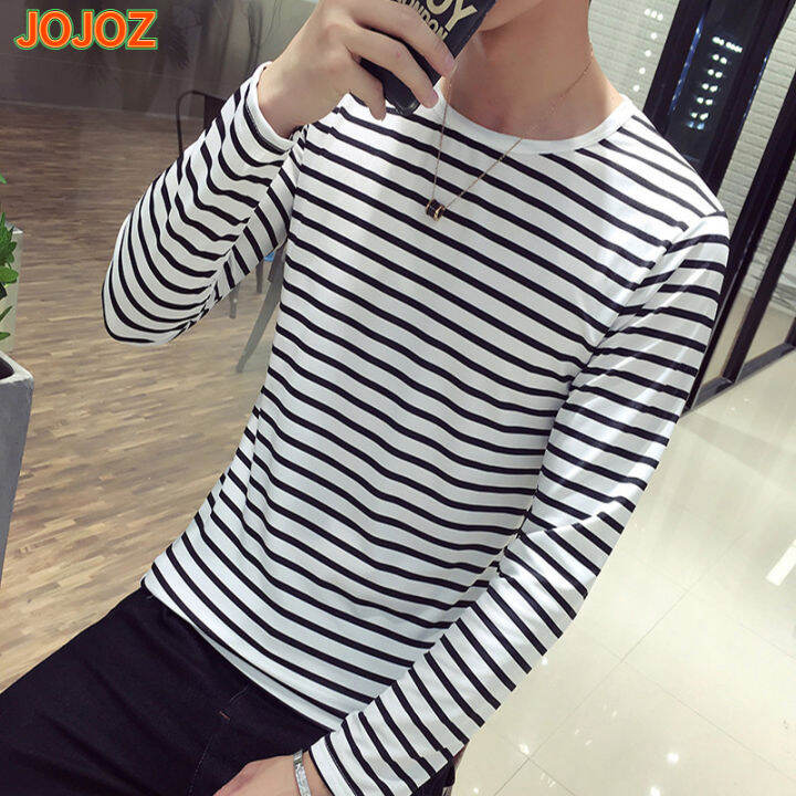 jojoz-เสื้อยืดลายทางผู้ชายแฟชั่นแขนยาวเสื้อท็อปส์สบายๆหลวมแบบคอกลม