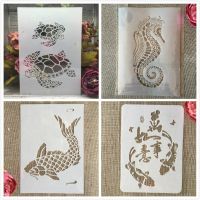 4Pcs A4 29cm Fish Turtle Hippocampus DIY Layering Stencils Wall Painting Scrapbook Coloring Embossing Album Decorative Template Rulers  Stencils