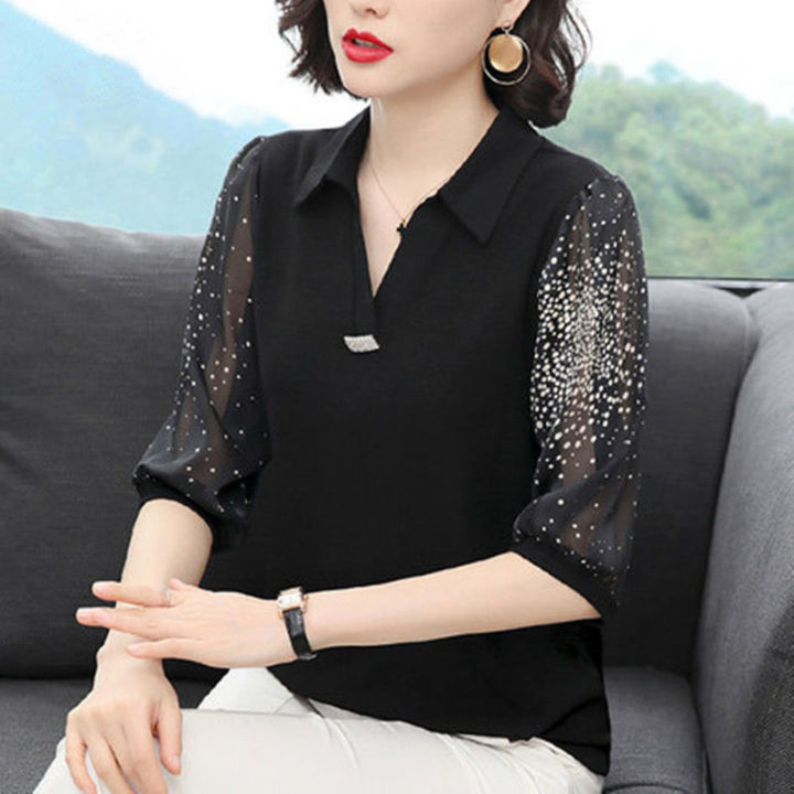 valazoสีดำเสื้อชีฟองแขนสามในสี่หญิง-2020-ฤดูร้อนเสื้อสวมศีรษะใหม่เกาหลีหลวมbottomingด้านบน