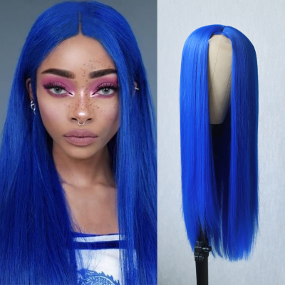 Bright Blue Synthetic Lace Wigs Long Silk Straight Bright Blue Wig with High Temperature Fiber for Women Party Show