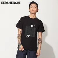 EERSHENSHI เสื้อยืดสีดำสำหรับผู้ชาย,แขนสั้นพิมพ์ลายสีดำแบบสวมหัวคอกลมลำลองทรงหลวมลูกแมวของผู้ชาย