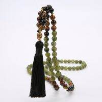 ZZOOI 108 Mala Beaded Necklace 8MM Southernjade &amp; Black Onyx Japamala Blessing Meditation Buddha Head Tassel Yoga Jewelry