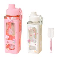 700/900Ml Kawaii Water Bottle With Straw 3D Cute Bear Sticker Bpa Free Plastic Square Sippy Cup Poratable Drinkware