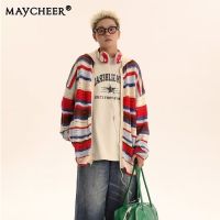 MAYCHEER   เสื้อโค๊ตคู่รักลำลองหลวมเสื้อกันหนาวไหมพรมซิปลายทางวินเทจ