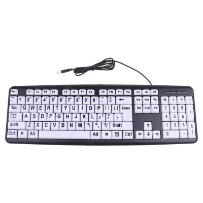 USB Wired PC Computer Game Gaming Keyboard High Contrast Large Print White Keys Black Letter for Old People Elderly Men