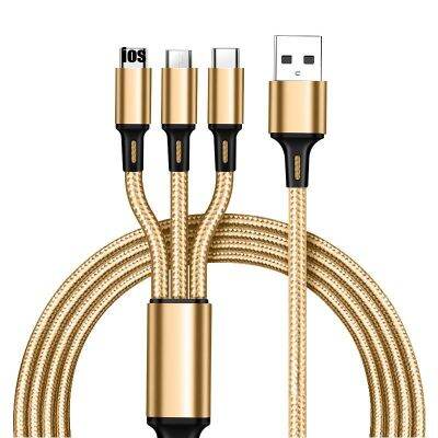 Kabel Data 3-in-1 kepang nilon inti tembaga Anti-stretch Multi-port 2a pengisian daya ponsel cepat