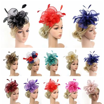 A25601เครื่องประดับผม Fascinators หมวกด้านบนดอกไม้ตาข่ายคาดศีรษะงานแต่งงานหมวก Fascinator หางปาร์ตี้ชาขนนกดอกไม้ Headwear