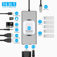 Pobod เครื่องชาร์จ14 In1ฮับไร้สาย Type C แท่นวางมือถือเครื่องอ่านบัตร TF เสียง3.5มม. RJ45 1000ม. VGA 4K 60Hz HDMI สำหรับแล็ปท็อป PC แมคบุ๊กโปรแอร์