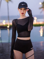 South Korean Swimsuit Transparent Black Mesh Three Piece Set Steel Support Gathered y Conservative Slim Swimsuit Women Bikini