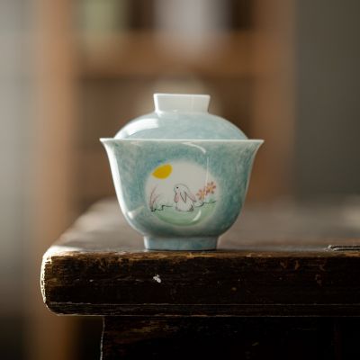 มือทาสีกระต่าย Gaiwan สำหรับชาเซรามิค Tureen Teaware ชุดสีฟ้าชาจีนชาม Chawan Lily Deng S Store ถ้วยชา