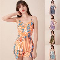 Pamelax IV.SสตรีคอวีแขนกุดStrappyวันหยุดชุดจั้มสูทสั้นลายCamiเข็มขัดRomper Jumpsuit