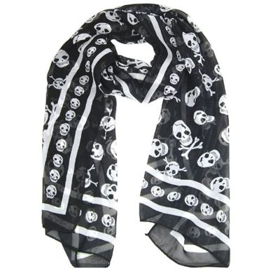 Black Chiffon Silk Feeling Skull Print Fashion Long Scarf Shawl Scaf Wrap For Women + Keyring