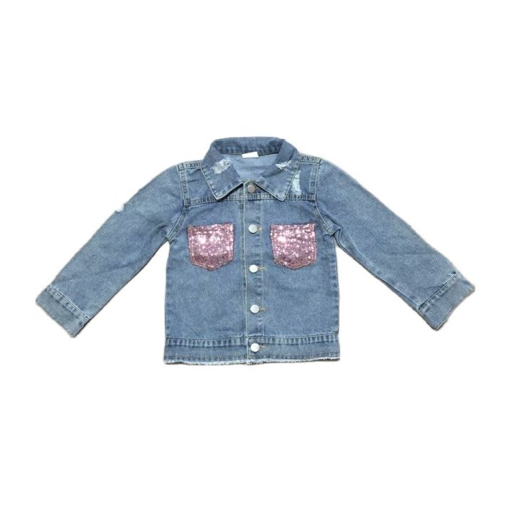 Girlymax Baby Girls Coat Sequins Jeans Denim Kids Clothing Children Boutique Coat Long Sleeve Button