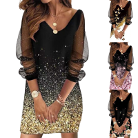 Women Dresses Summer 2022 Fashion Round Neck Sequined Sheer Mesh Print Cutout Pencil Skirt 04