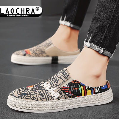 LAOCHRA รองเท้าแตะชาย Sepatu Slip On ฤดูร้อน,รองเท้า MODE Korea ผ้าใบสีดำสำหรับรองเท้าโลฟเฟอร์ผู้ชาย