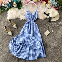 Women Robe Tropical y V-neck Spaghetti Strap Summer Sleeveless Dress Ladies Fashion Ruffles Plaid Casual Dress Vestidos Mujer