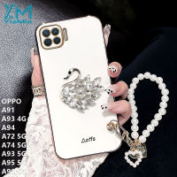 YiaMia เคสโทรศัพท์แฟชั่นสำหรับ OPPO A91 A93 4G A94 A72 5G A74 5G A93 5G A95 5G A96 5G Chrome Soft TPU Rhinestone Swan โทรศัพท์กรณี + Pearl สร้อยข้อมือเชือกโทรศัพท์เคสคลุม