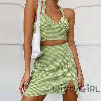 W[]-Women´s Half Dress, Cropped Top, Neck Hanging Sleeveless Tight Summer Casual Plaid Girl Clothes