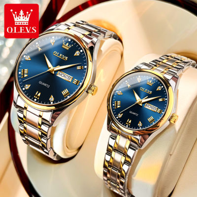 OLEVS นาฬิกาคู่เดิมกันน้ำแฟชั่นบรรยากาศหรูหราส่องสว่างโลหะสแตนเลสปฏิทินแสดงนาฬิกาสำหรับผู้หญิง/ผู้ชาย