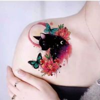 Waterproof And Sweat-proof Long-lasting Tattoo Stickers Sexy Big Picture Moon Cat Colorful Flowers Female Flash Tattoo Stickers