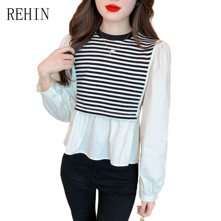 rehin-ผู้หญิงฤดูใบไม้ร่วงใหม่เกาหลีรุ่นลายเสื้อแขนยาวเอวสูงรอบคอ-niche-elegant-เสื้อ