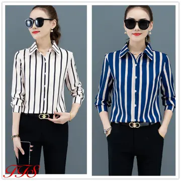 Women Fashion Black White Stripe Chiffon Shirt New Summer Office