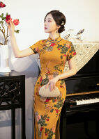 ฤดูร้อนแบบดั้งเดิมจีนคอจีนแขนสั้นลายดอกไม้พิมพ์ซาตินสีเหลือง Cheongsam สง่างามยาวสไตล์ Qipao ขนาด4XL