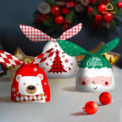 50pcs/pack Funny Cartoon Bear Christmas Bunny Ears Gift Bag/ Safe Food Grade Party Snack Candy Bags Cookie Packaging Bag