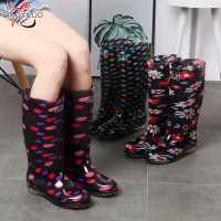 QiaoYiLuo High tube rain boots printing women water shoes non-slip wear-resistant must-have in rainy season for men and women